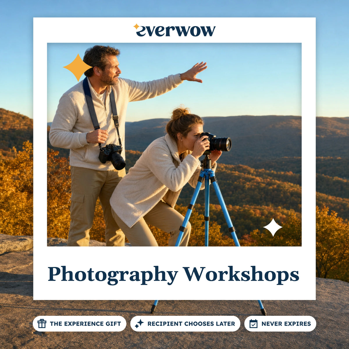 Everwow Photography Workshops experience gift photo in a frame, cameras at a golden overlook