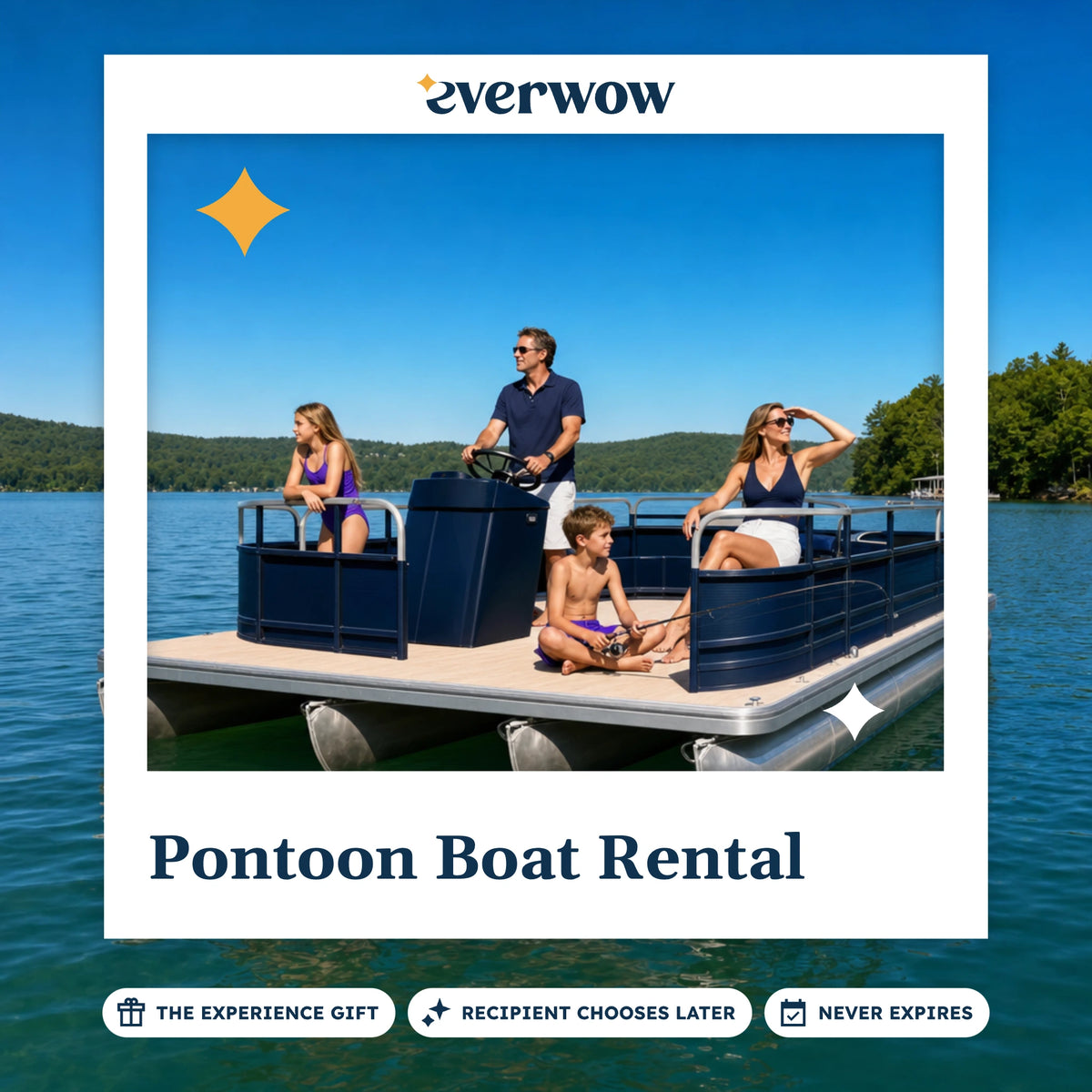 Everwow Pontoon Boat Rental experience gift photo in a frame, family cruising a lake
