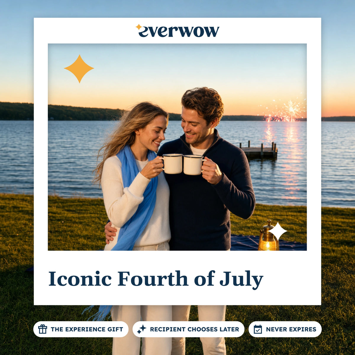 Everwow Iconic Fourth of July experience gift photo in a frame, lakeside picnic fireworks
