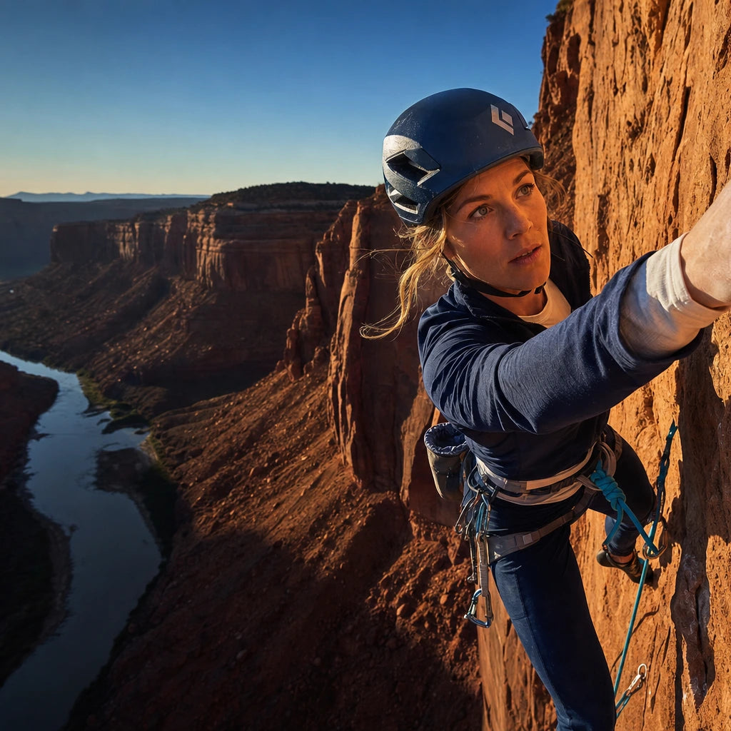Climber reaching for a hold on a sunlit red-rock wall, Iconic Adrenaline experience gift