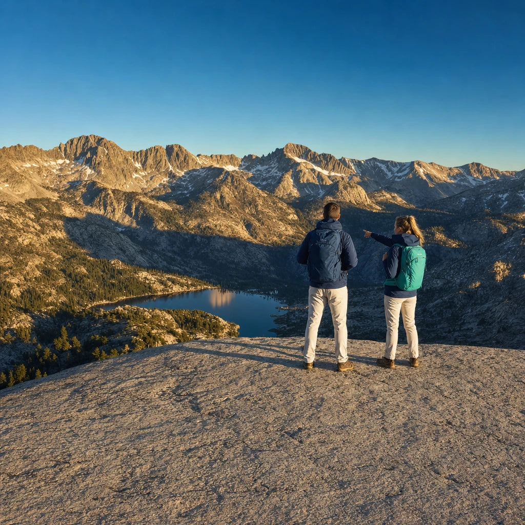 Couple pausing above an alpine lake on a high mountain range, Iconic Adventure experience gift