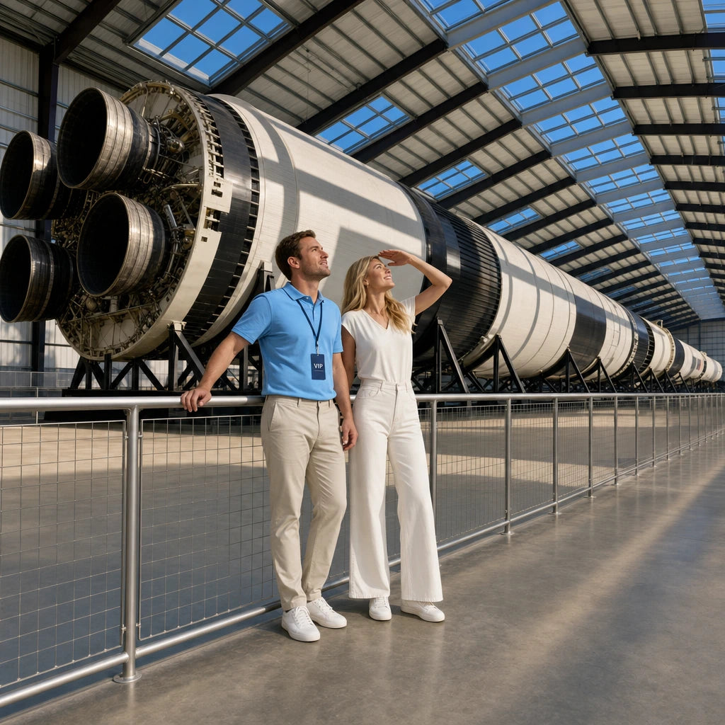Couple at a guardrail before a Saturn V-class rocket on a VIP tour, Houston Iconic Bucketlist experience gift