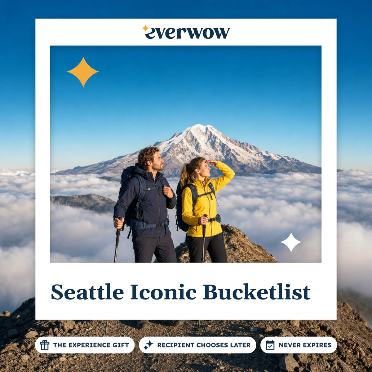 Everwow Seattle Iconic Bucketlist experience gift photo in a frame, hikers facing a snowy peak