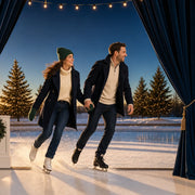 Couple ice skating hand in hand as string lights come on, Iconic Merry Christmas experience gift