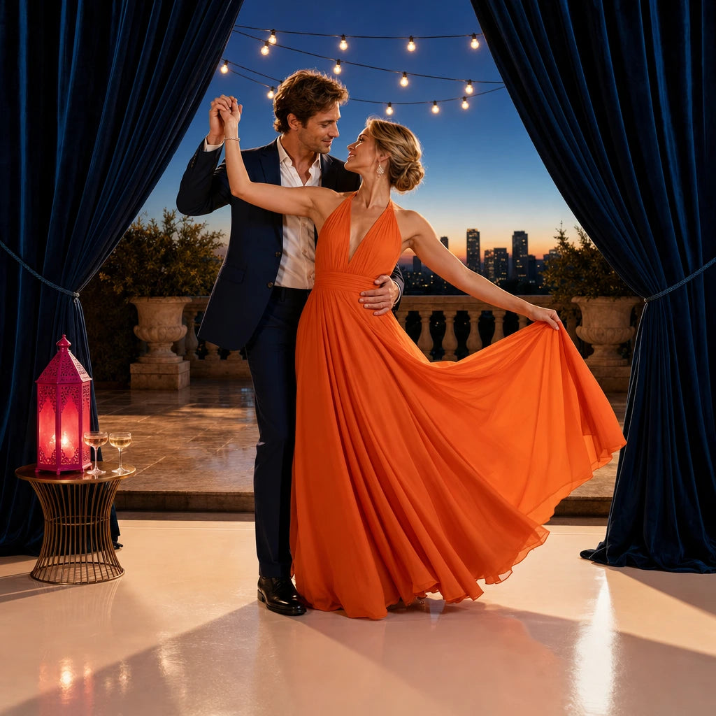 Couple slow-dancing under string lights on a terrace at sunset, Iconic Better Together experience gift