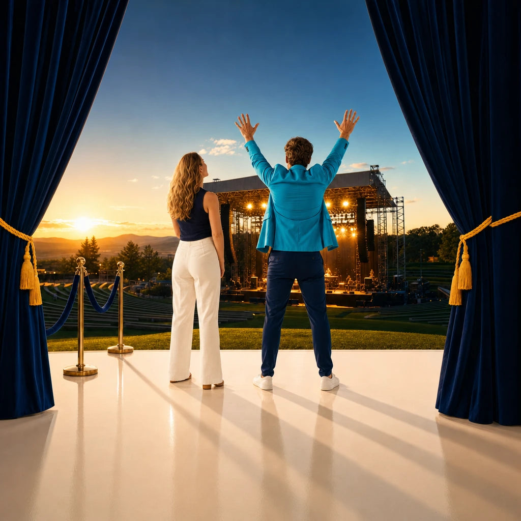 Couple cheering with raised arms at an outdoor concert stage, Iconic Showtime experience gift