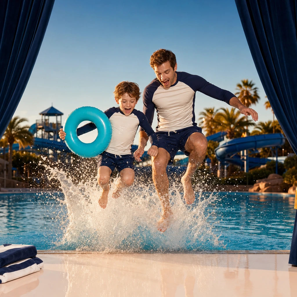 Child leaping into a splash pool with a float ring, parent mid-splash, Iconic Funday experience gift