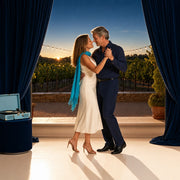 Couple slow-dancing on a vineyard terrace as string lights come on, Iconic Mom & Dad experience gift