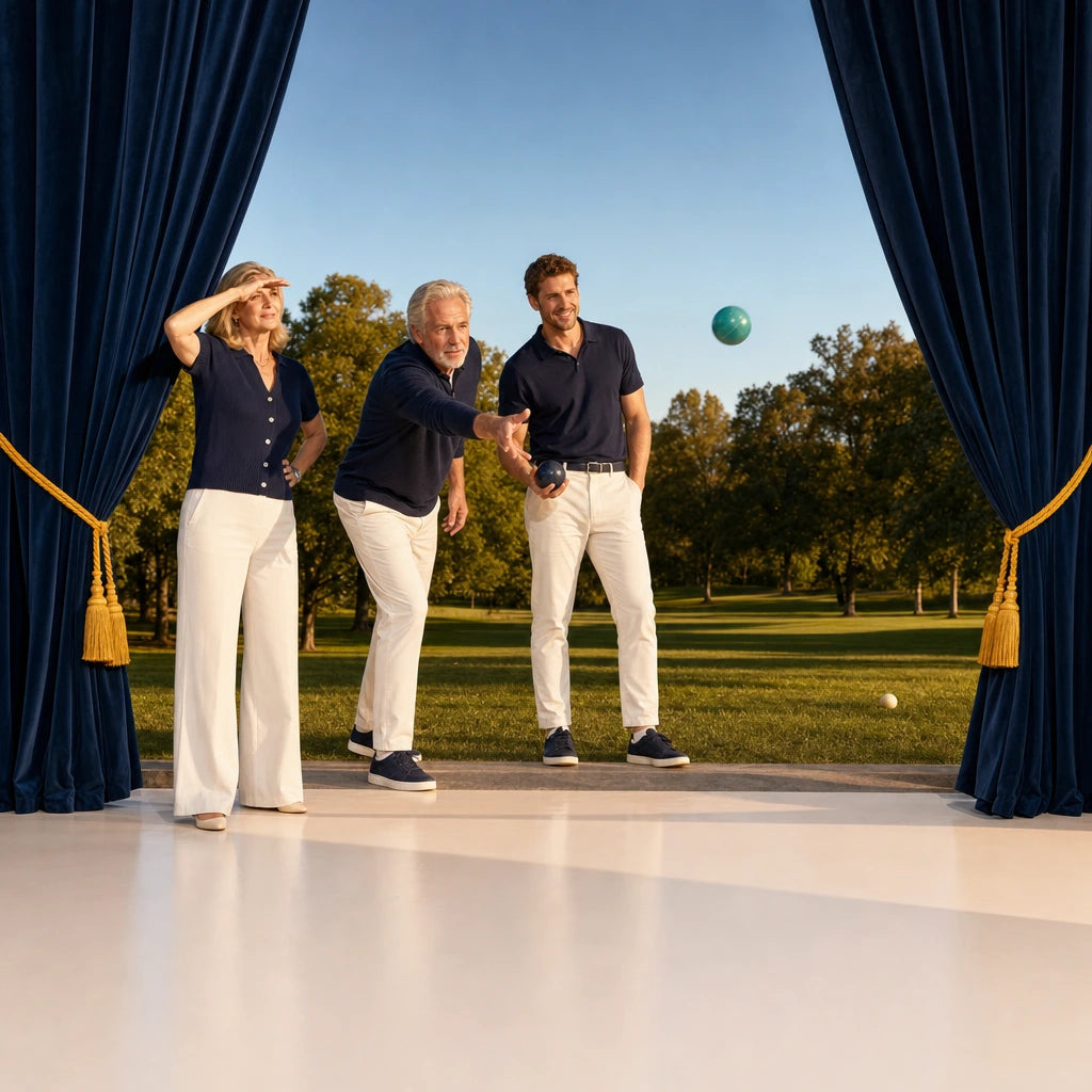 Family playing evening bocce on a park lawn as the father tosses the ball, Iconic Family Time experience gift