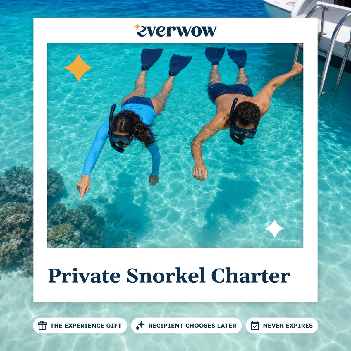 Everwow Private Snorkel Charter experience gift photo in a frame, snorkelers by the boat