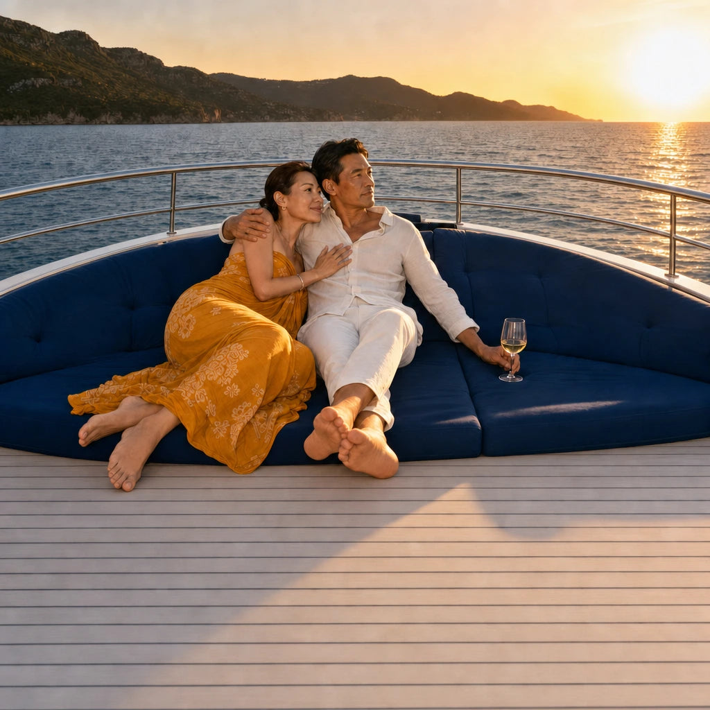 Couple reclining together on the bow of a yacht at low evening sun, Private Yacht Charter experience gift