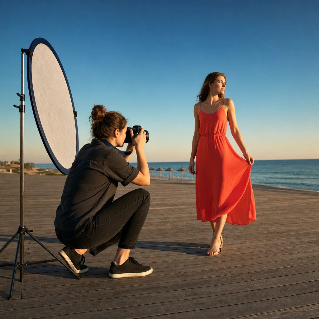 Photographer shooting a client in evening light on a boardwalk, Professional Photoshoots experience gift
