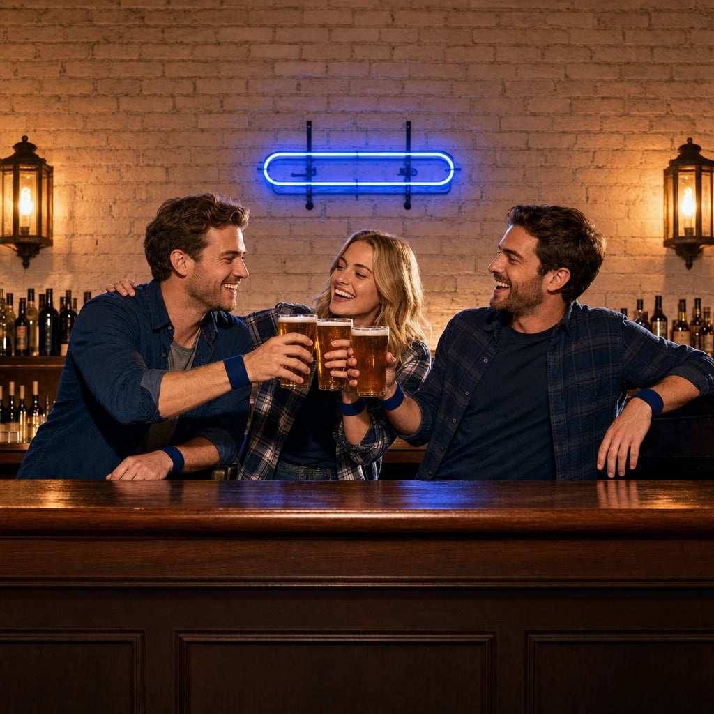 Three friends toasting pint glasses under a neon bar glow, Pub & Bar Crawls experience gift