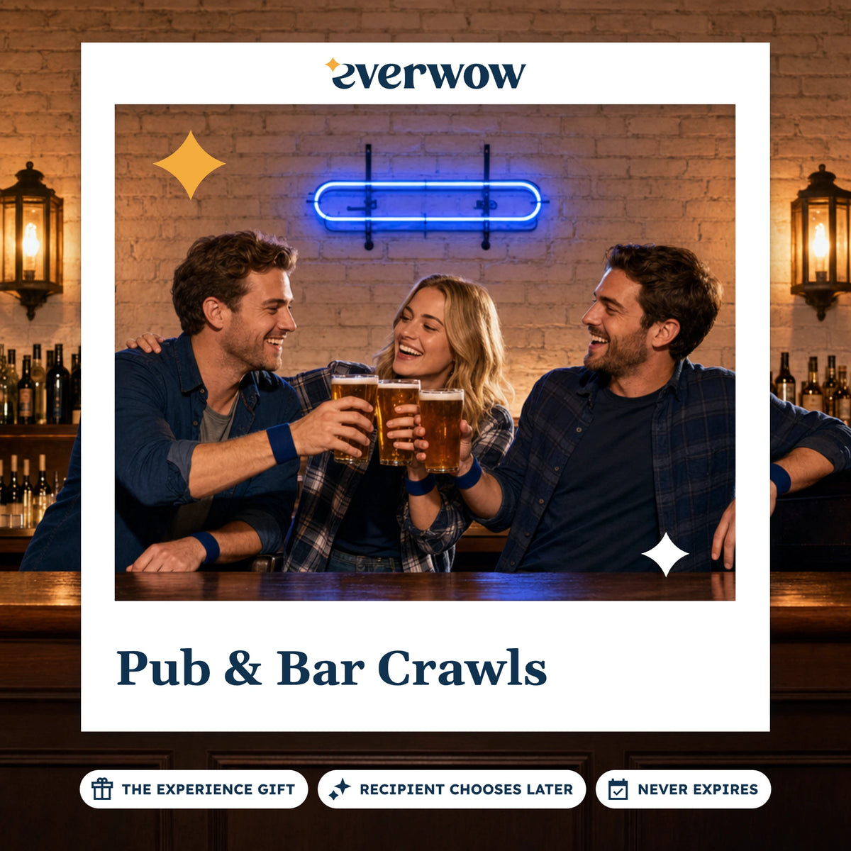 Everwow Pub & Bar Crawls experience gift photo in a frame, friends toasting at the bar