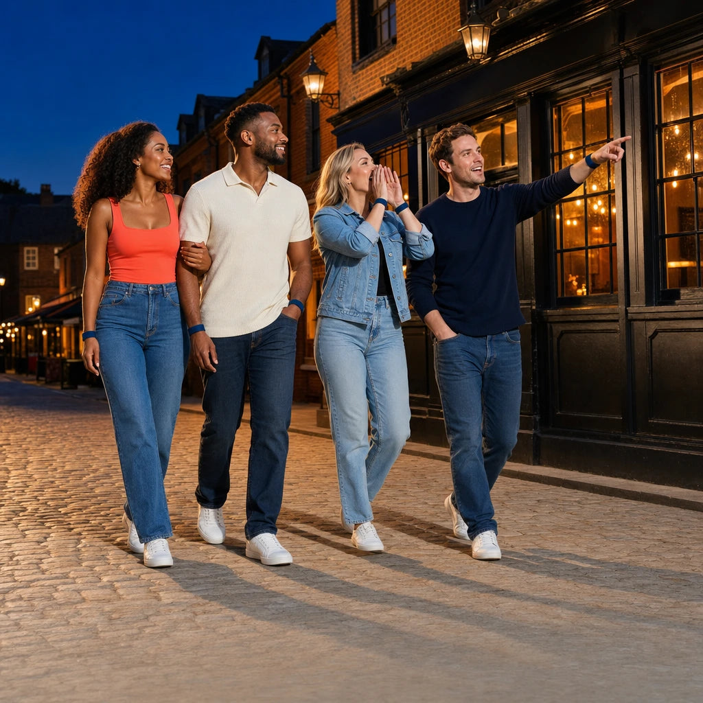 Four friends walking a cobblestone lane between pub stops, Pub Crawl experience gift