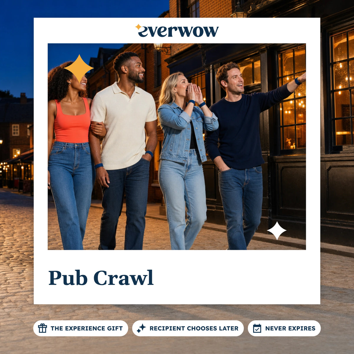 Everwow Pub Crawl experience gift photo in a frame, friends between pub stops