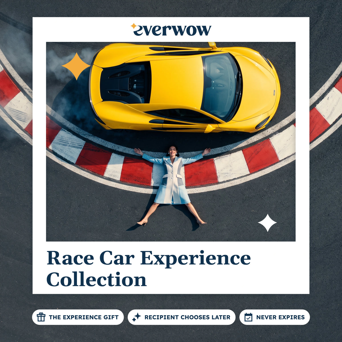 Everwow Race Car experience gift card: overhead of a yellow sports car on a racetrack corner