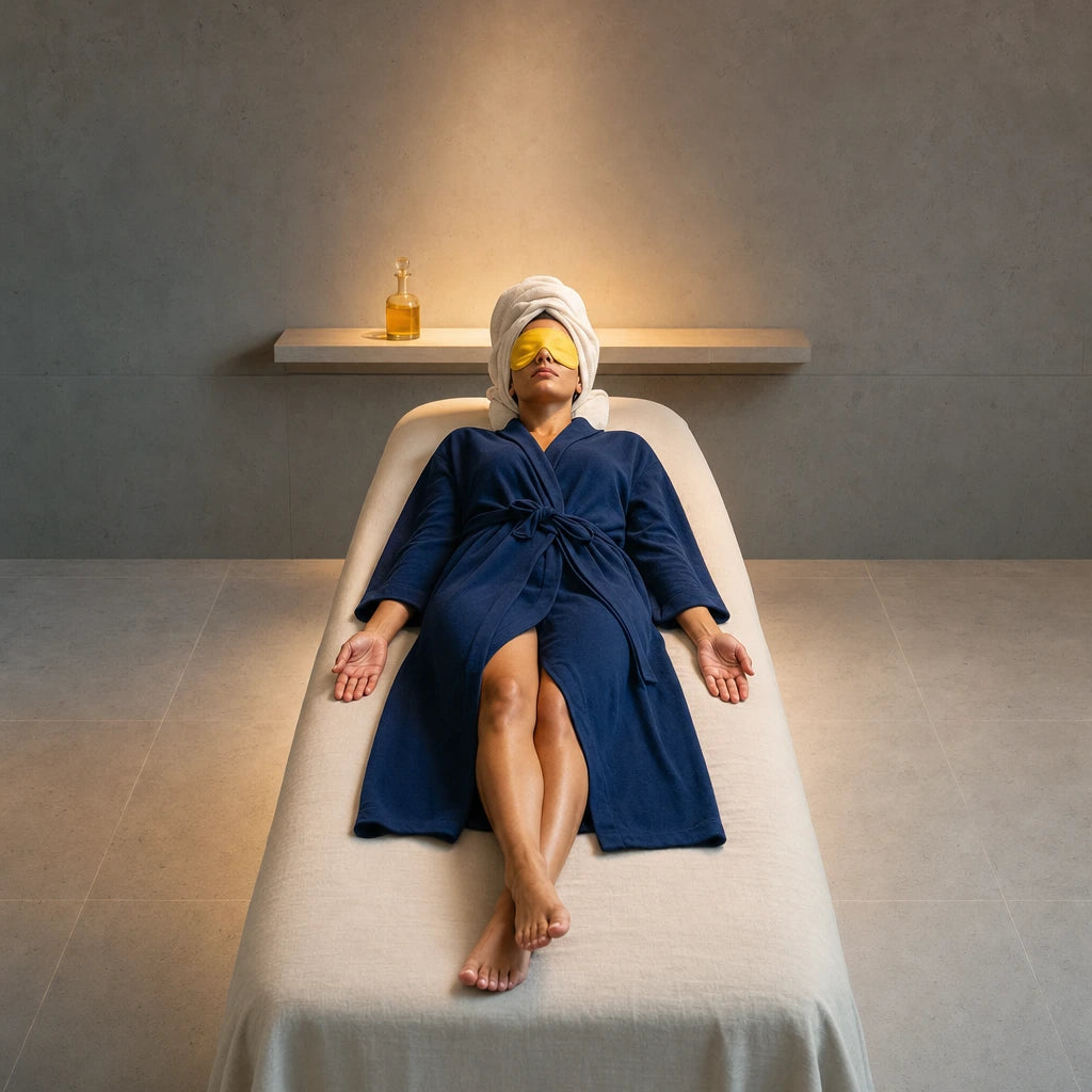 Woman resting on a spa table high above the city, Chicago Relaxing experience gift