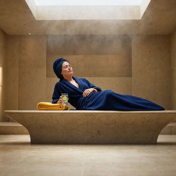 Woman resting on a heated stone bench in a quiet spa, Los Angeles Relaxing Experience Collection gift