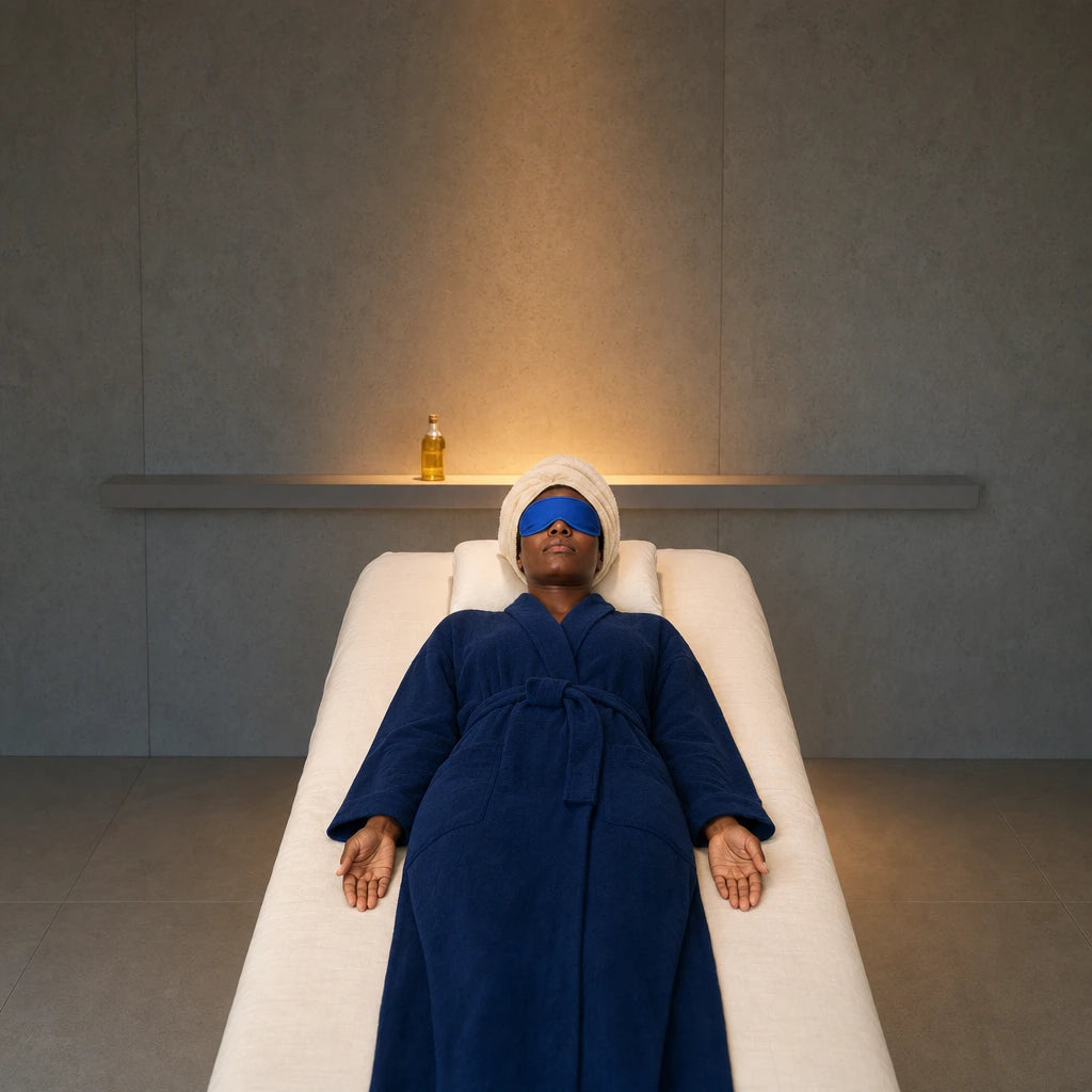 Woman in a silk eye mask on a spa table above the city, New York City Relaxing Experience Collection gift