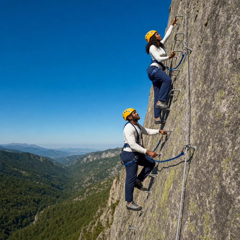 Couple climbing via ferrata rungs up a granite cliff, Rock Climbing & Via Ferrata experience gift