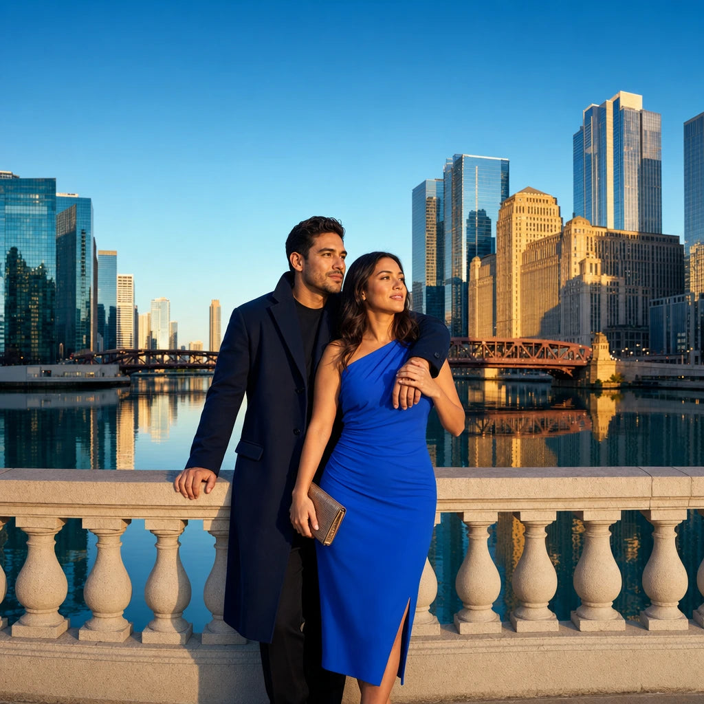 Couple leaning on the riverwalk rail beneath glass towers at evening, Chicago Romantic experience gift