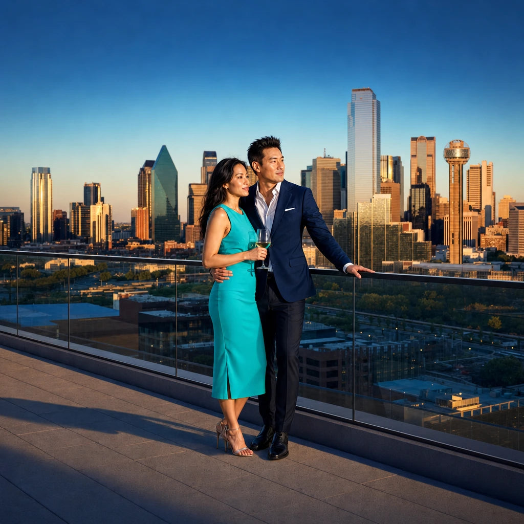 Couple at a rooftop rail as the skyline catches evening light, Dallas Romantic Experience Collection experience gift