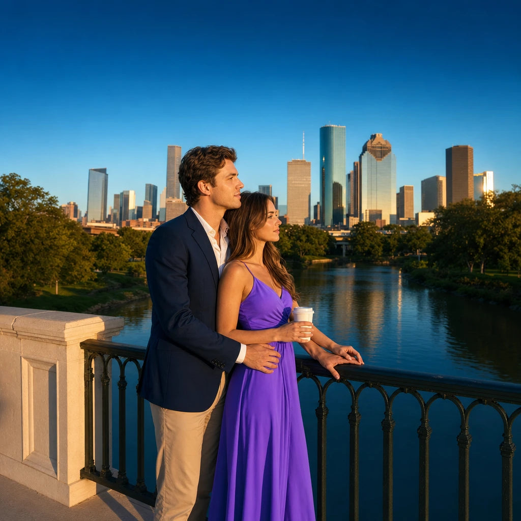 Couple at the rail along Buffalo Bayou with the Houston skyline, Houston Romantic Experience Collection experience gift