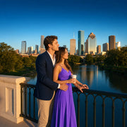 Couple at the rail along Buffalo Bayou with the Houston skyline, Houston Romantic Experience Collection experience gift