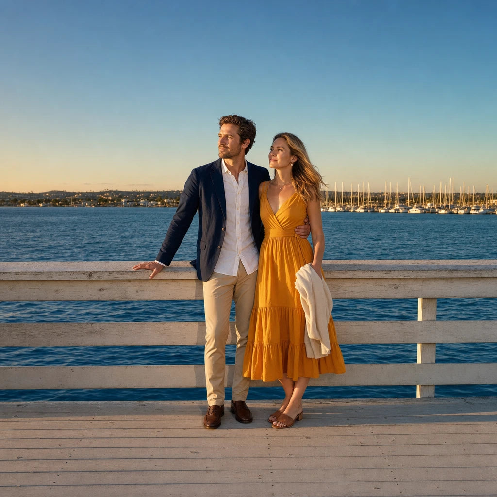 Couple at a harborside rail in evening light, San Diego Romantic Experience Collection experience gift