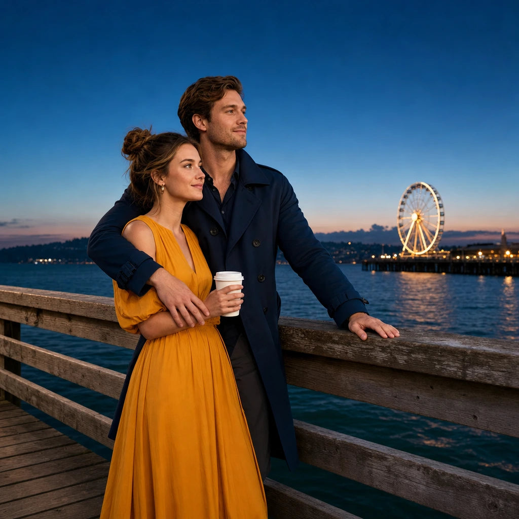 Couple on a waterfront pier at dusk by a glowing Ferris wheel, Seattle Romantic Experience Collection experience gift
