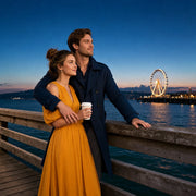 Couple on a waterfront pier at dusk by a glowing Ferris wheel, Seattle Romantic Experience Collection experience gift