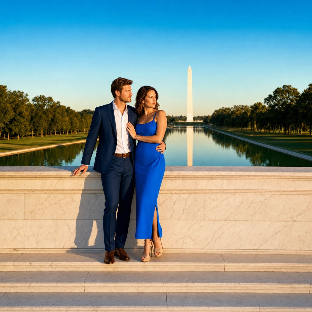 Couple on marble steps above a reflecting pool at evening, Washington DC Romantic Experience Collection experience gift