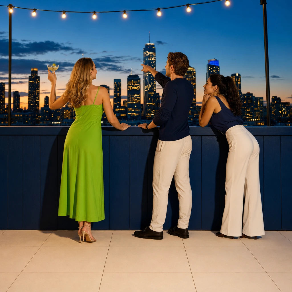 Three friends with cocktails taking in the skyline at a rooftop rail, Rooftop Bar Tour experience gift