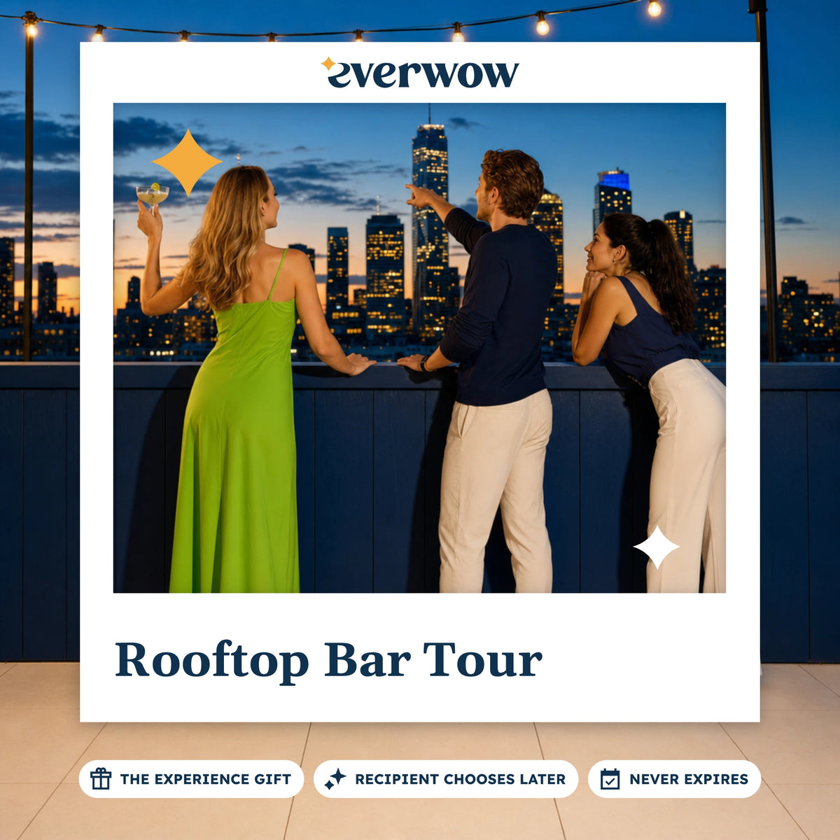 Everwow Rooftop Bar Tour experience gift photo in a frame, friends at a rooftop rail