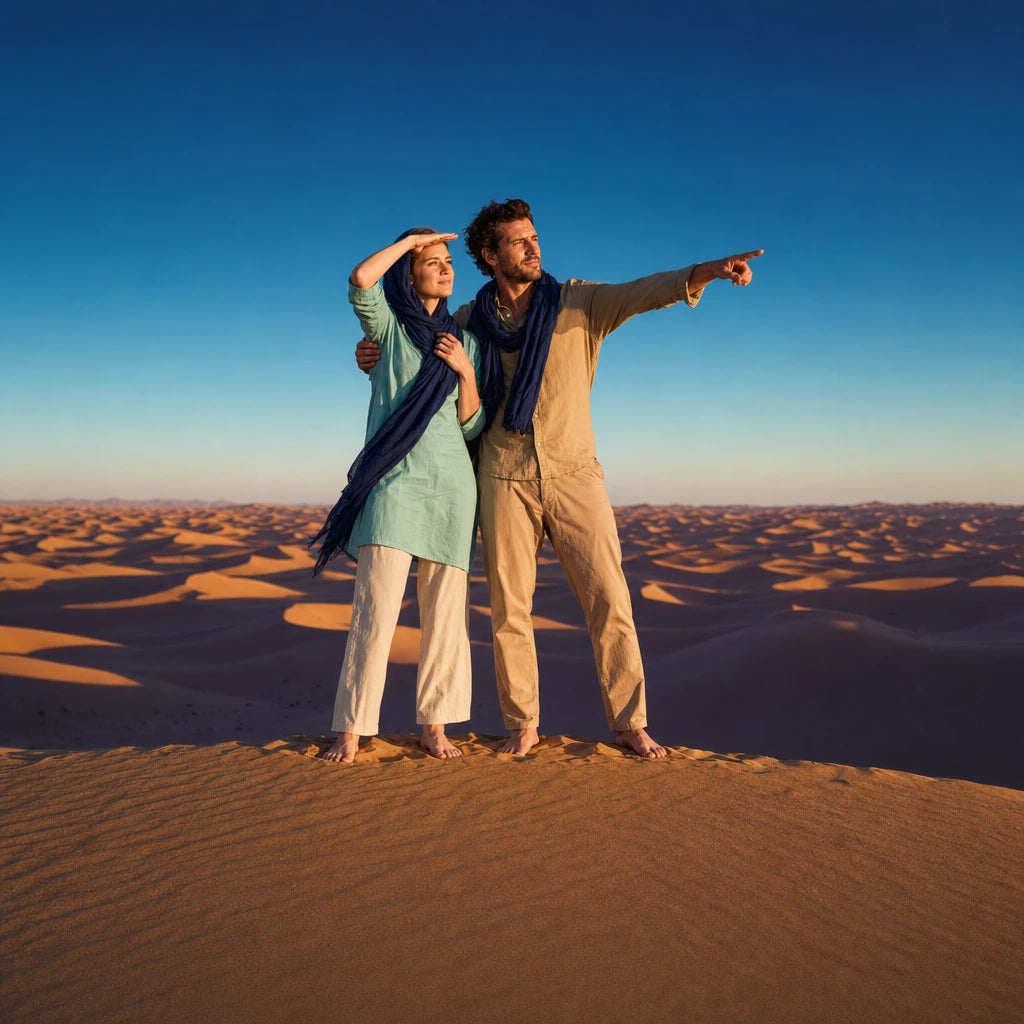 Couple on a dune crest overlooking golden sand at sunset, Sahara Desert Tour experience gift