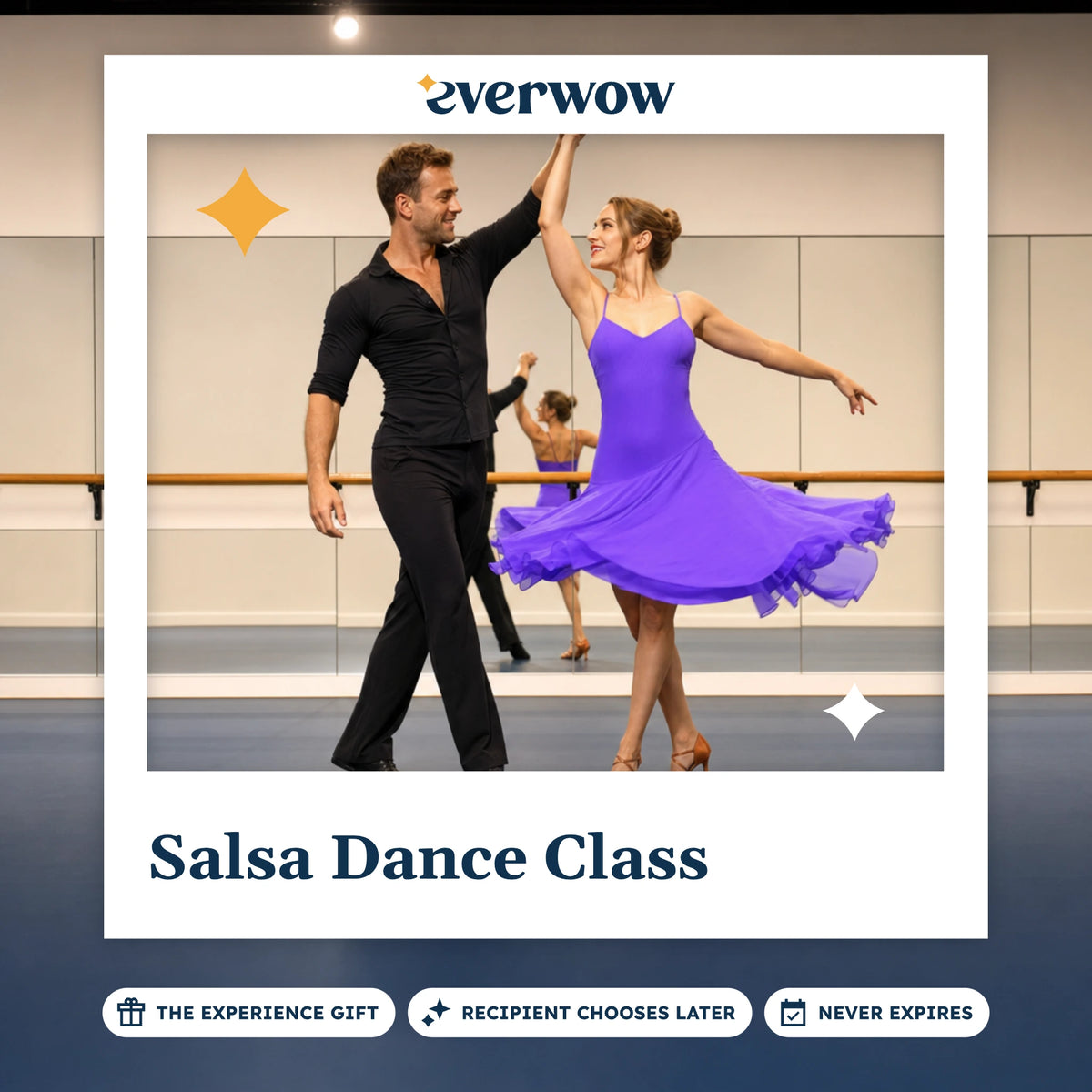 Everwow Salsa Dance Class experience gift photo in a frame, dancers mid-turn in a studio