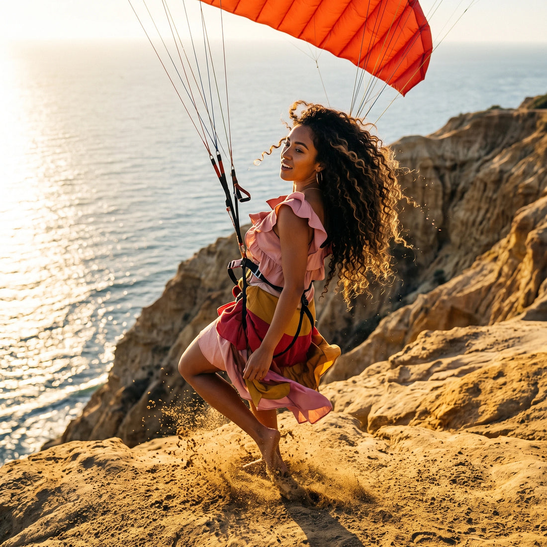Woman with an orange paraglider canopy on a coastal cliff above the Pacific at golden hour
