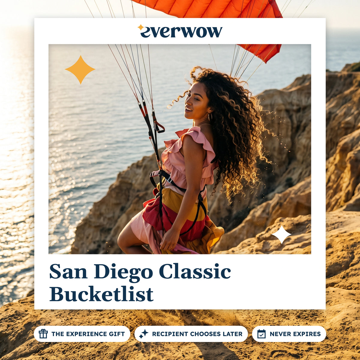 Everwow San Diego Bucketlist gift card: woman with a paraglider canopy on a coastal cliff