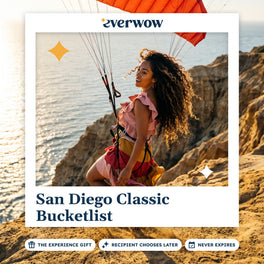 Everwow San Diego Bucketlist gift card: woman with a paraglider canopy on a coastal cliff