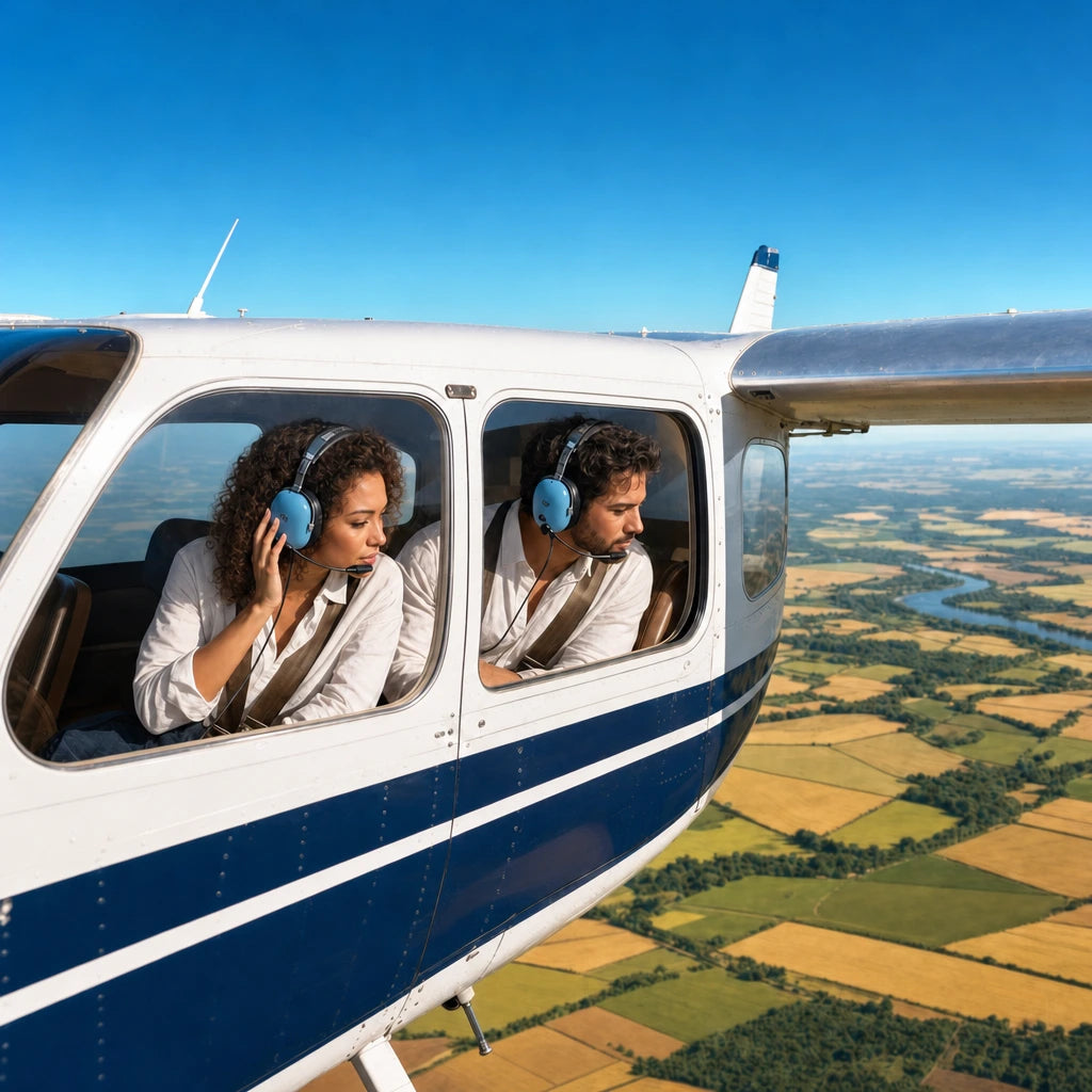 Couple in headsets watching patchwork farmland from a small aircraft, Scenic Flights experience gift