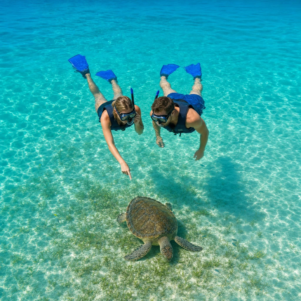 Couple floating above a sea turtle grazing on seagrass, Sea Turtle & Marine Life experience gift