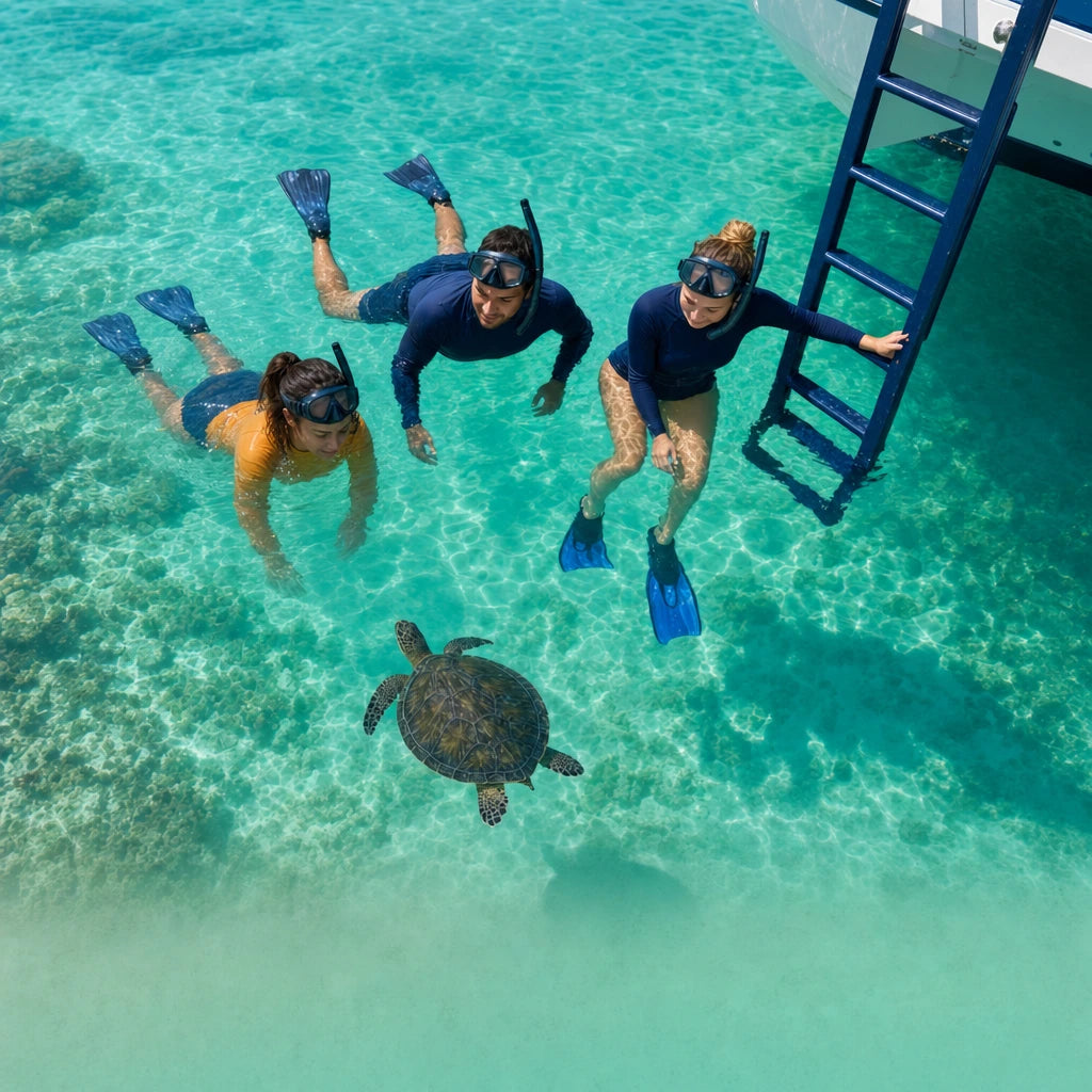 Three snorkelers watching a sea turtle glide across the reef below them, Sea Turtle & Snorkel Boat Tour experience gift