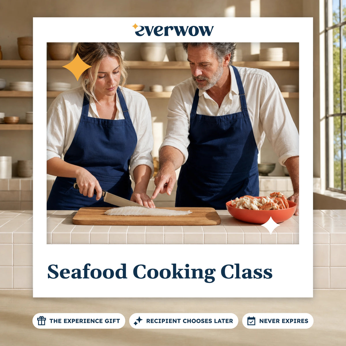 Everwow Seafood Cooking Class experience gift photo in a frame, filleting fish in a kitchen