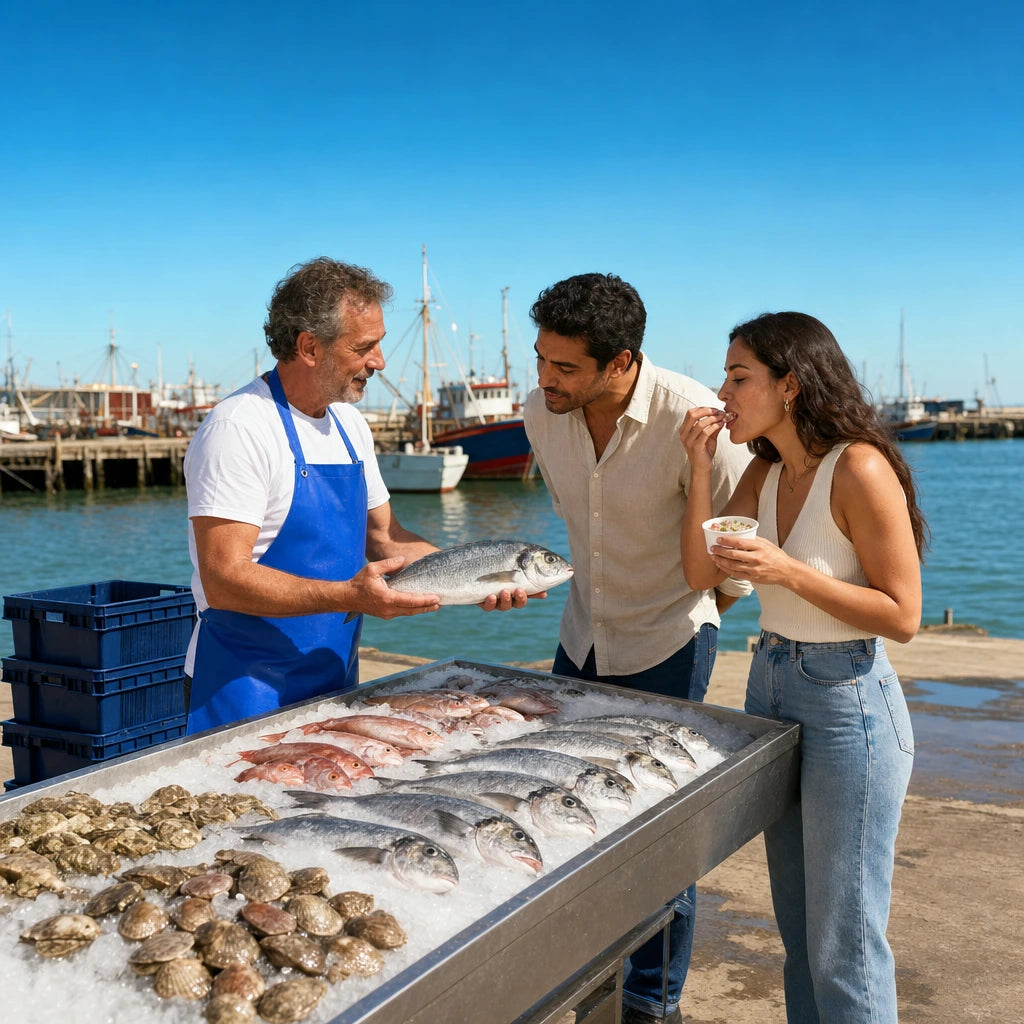 Vendor presenting a whole fish to a couple at a harbor market, Seafood Tour experience gift