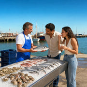 Vendor presenting a whole fish to a couple at a harbor market, Seafood Tour experience gift