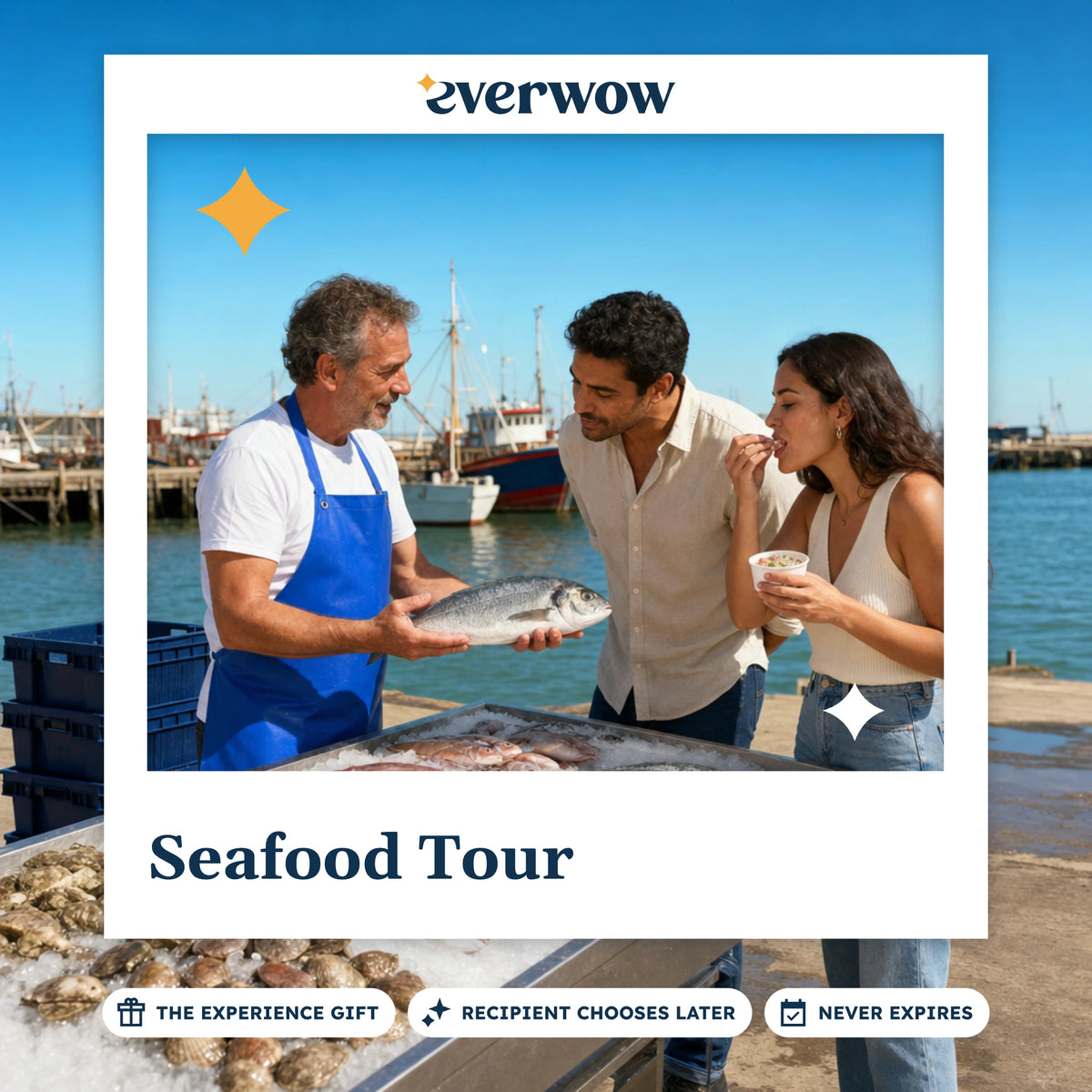 Everwow Seafood Tour experience gift photo in a frame, vendor at a fish market