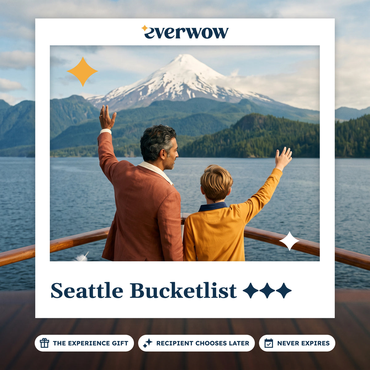 Everwow Seattle Bucketlist gift card: man and boy on a boat deck facing a snow-capped volcano