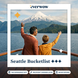 Everwow Seattle Bucketlist gift card: man and boy on a boat deck facing a snow-capped volcano