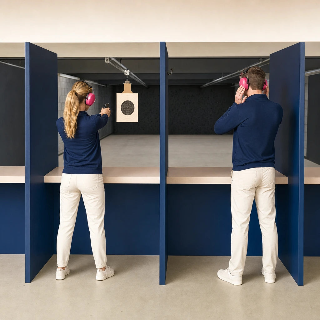Woman sighting a paper target at an indoor range lane, Shooting Ranges experience gift